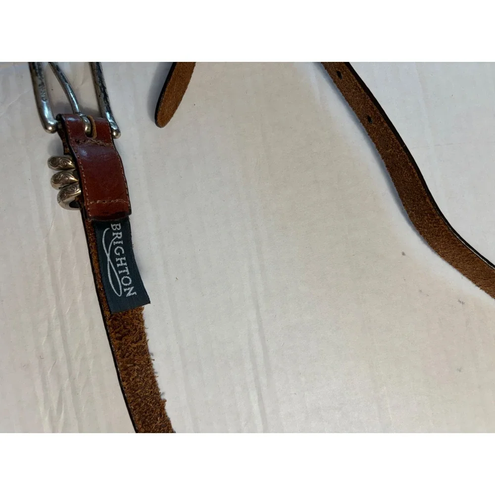 Brighton Brown Leather Belt Silver Engraved Scroll Buckle Triple Keeper Western